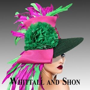Vibrant Green and Pink Feathered Wide-Brim Hatattitude “The Triple Crown!”